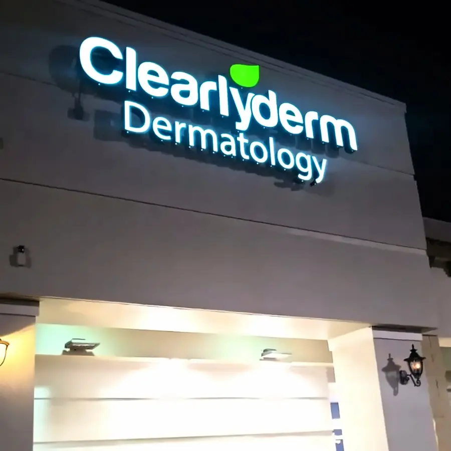 Clearlyderm Dermatology illuminated channel letters at night