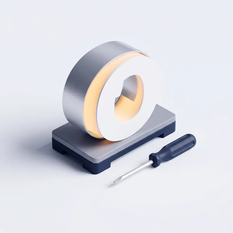 3D illustration: an illuminated channel letter on a workbench