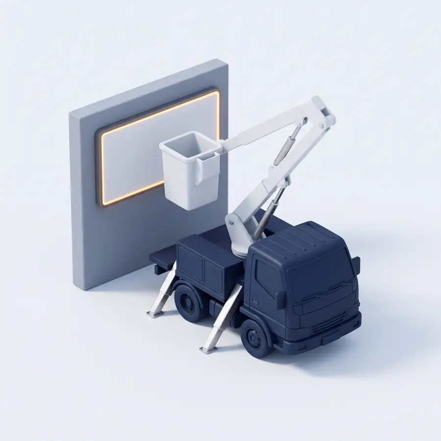 3D illustration: bucket truck installing a sign on a wall