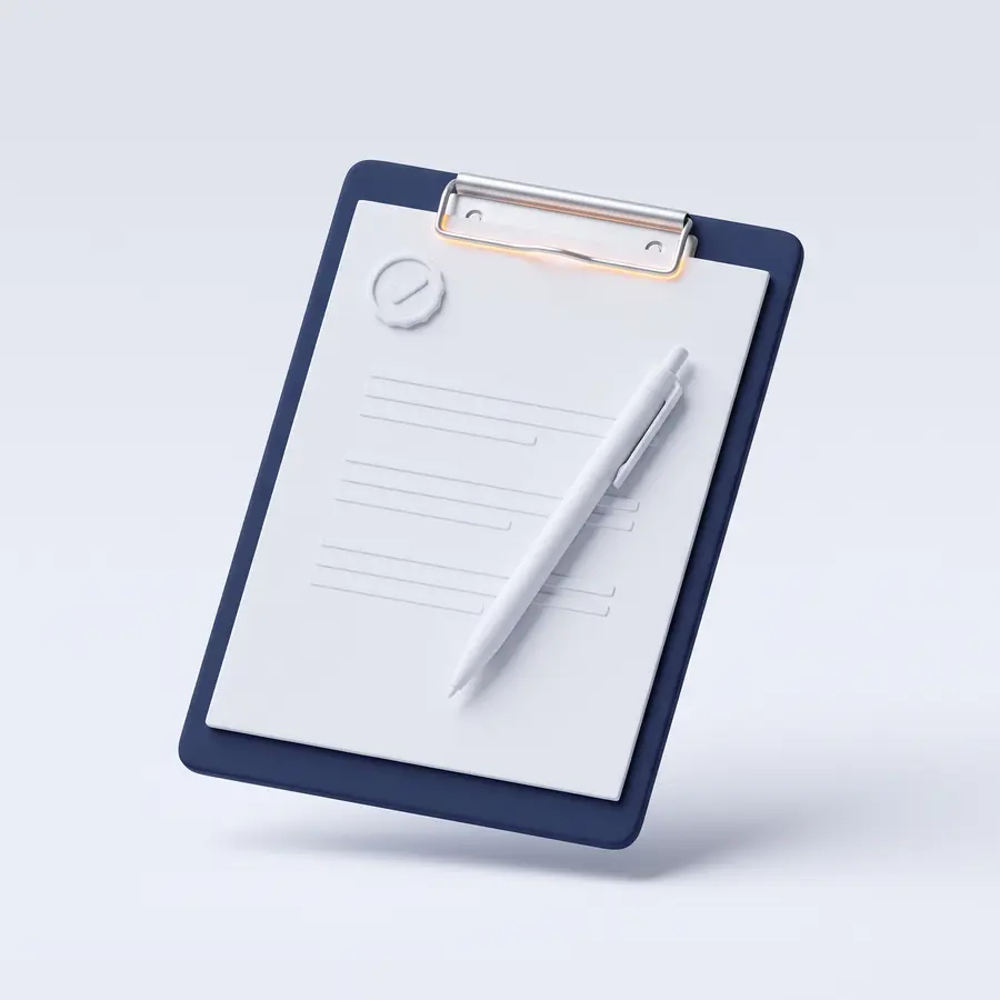 3D illustration: clipboard with a quote sheet and a pen