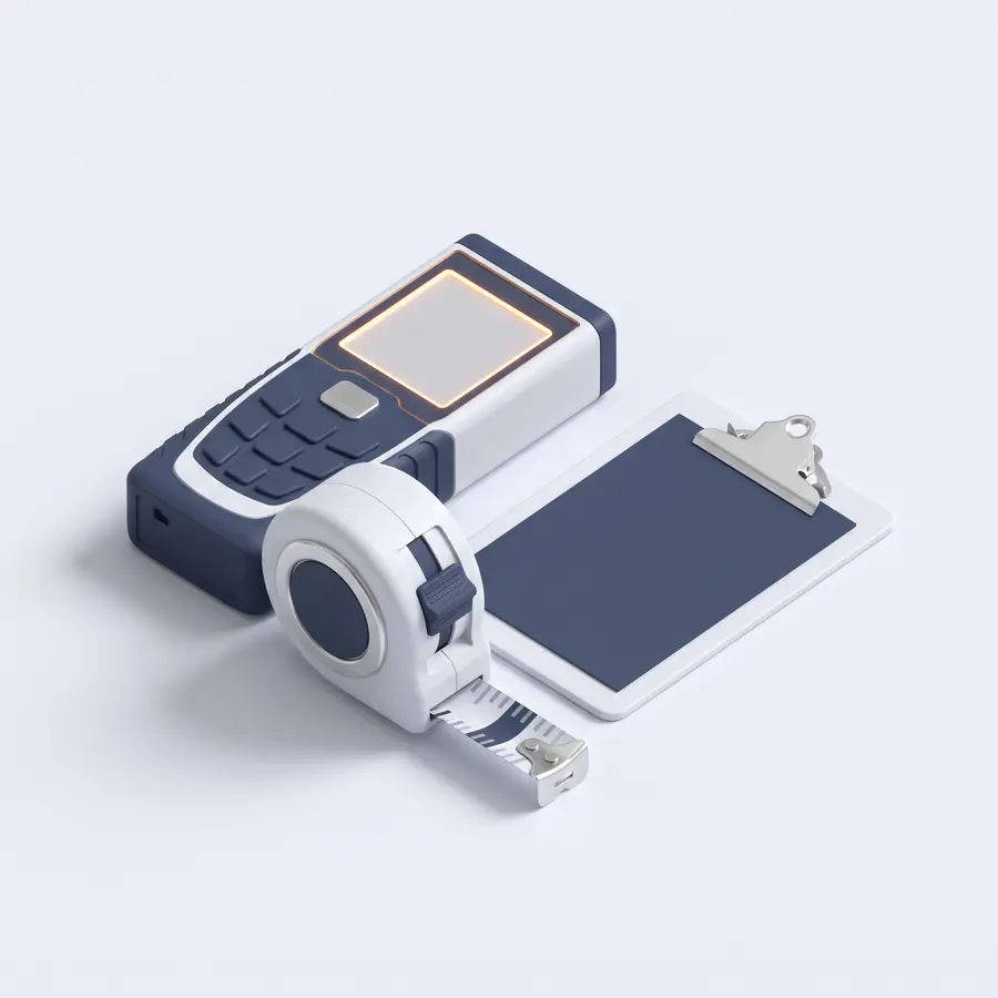 3D illustration: laser measure, tape measure and clipboard for a site survey