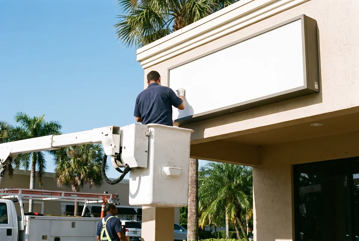 Illustrative scene: technician in a bucket truck servicing a blank cabinet sign