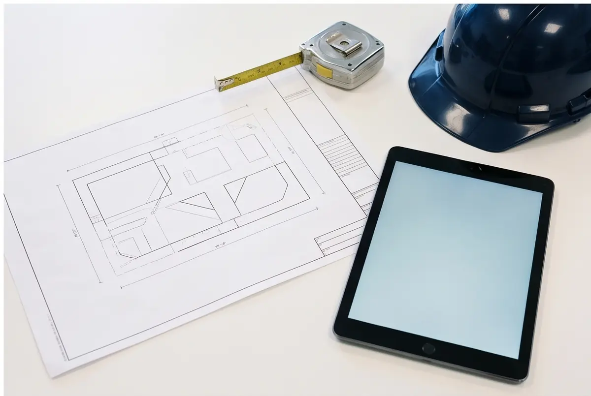 Illustrative scene: sign drawing, tape measure, hard hat and tablet on a permit desk