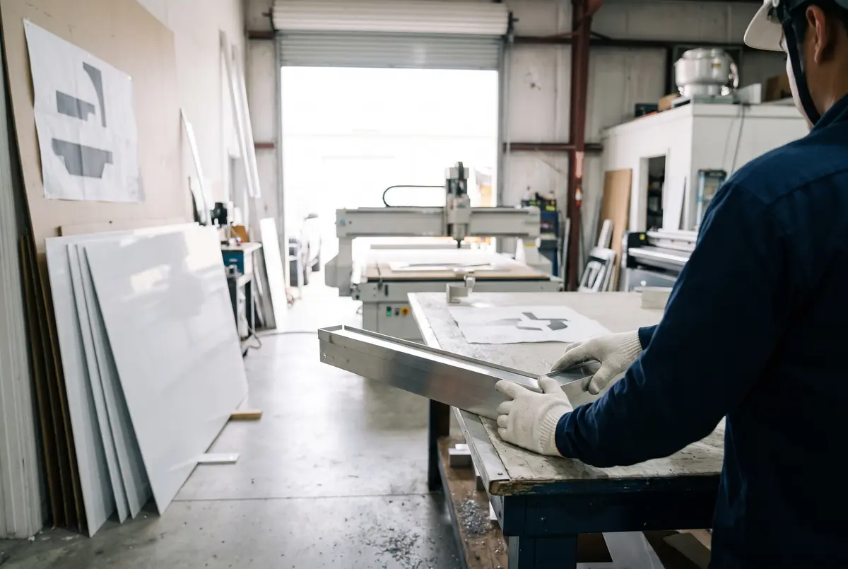 Illustrative scene: hands bending a channel letter return in a sign shop